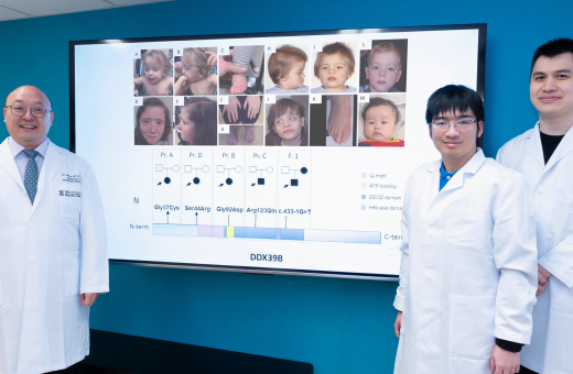 In a global study led by Dr Brian Chung Hong-yin (left), the HKUMed research team identifies a novel gene, DDX39B, for a rare disease. Genetic mutations in this gene impact brain function, leading to developmental delay and hypotonia.